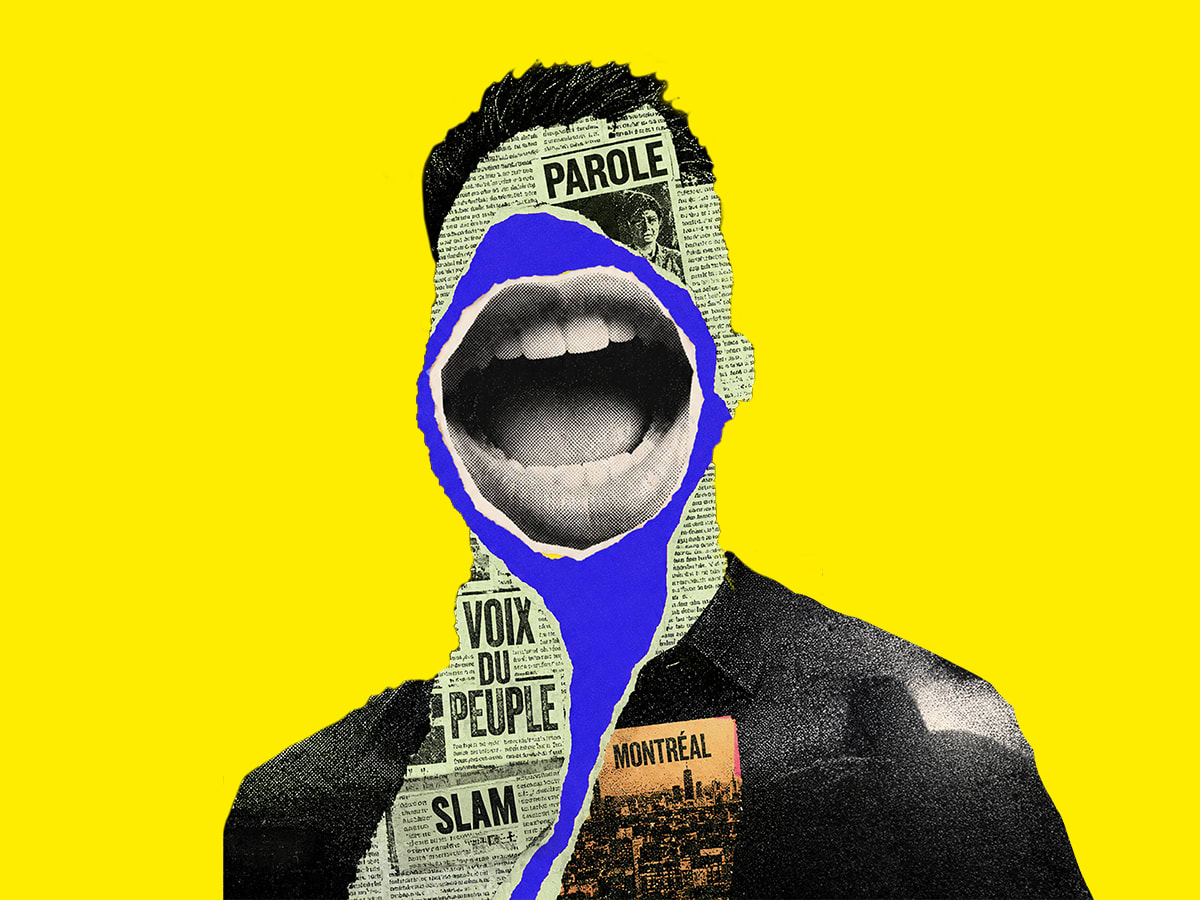 Photo cde type collage, une large bouche ouverte ainsi que des écriture de journaux sur un fond jaune