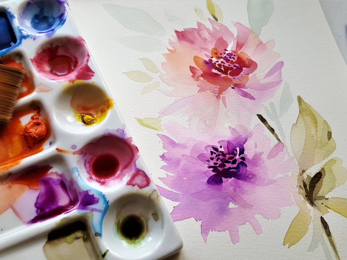 aquarelle, fleurs peintes sur papier, pinceau