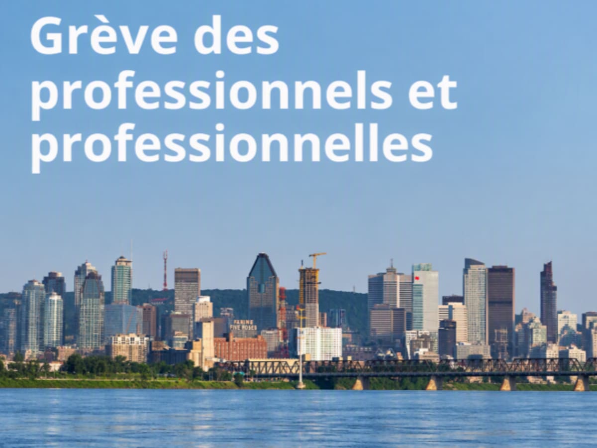 Visuel du centre-ville de Montréal avec le message Grève des professionnels et professionnelles