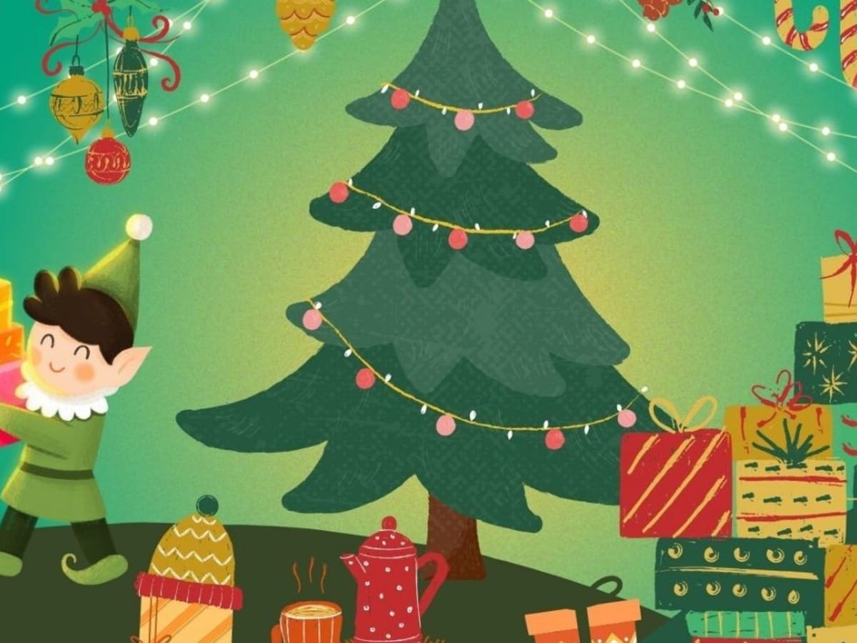 Image illustrant un lutin tenant un cadeau à côté d’un sapin de Noël.