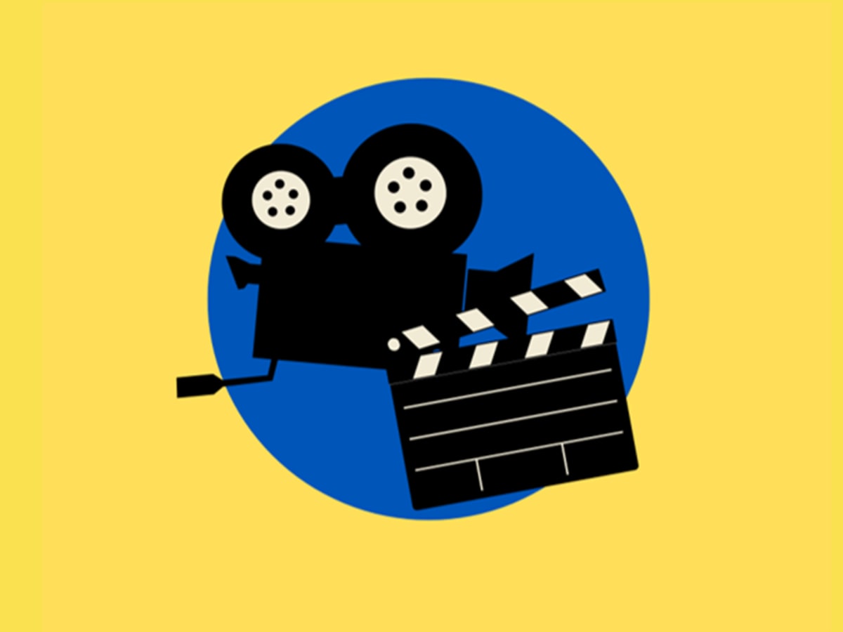 Illustration d'une caméra de cinéma classique et d'un clap de tournage sur un fond jaune.