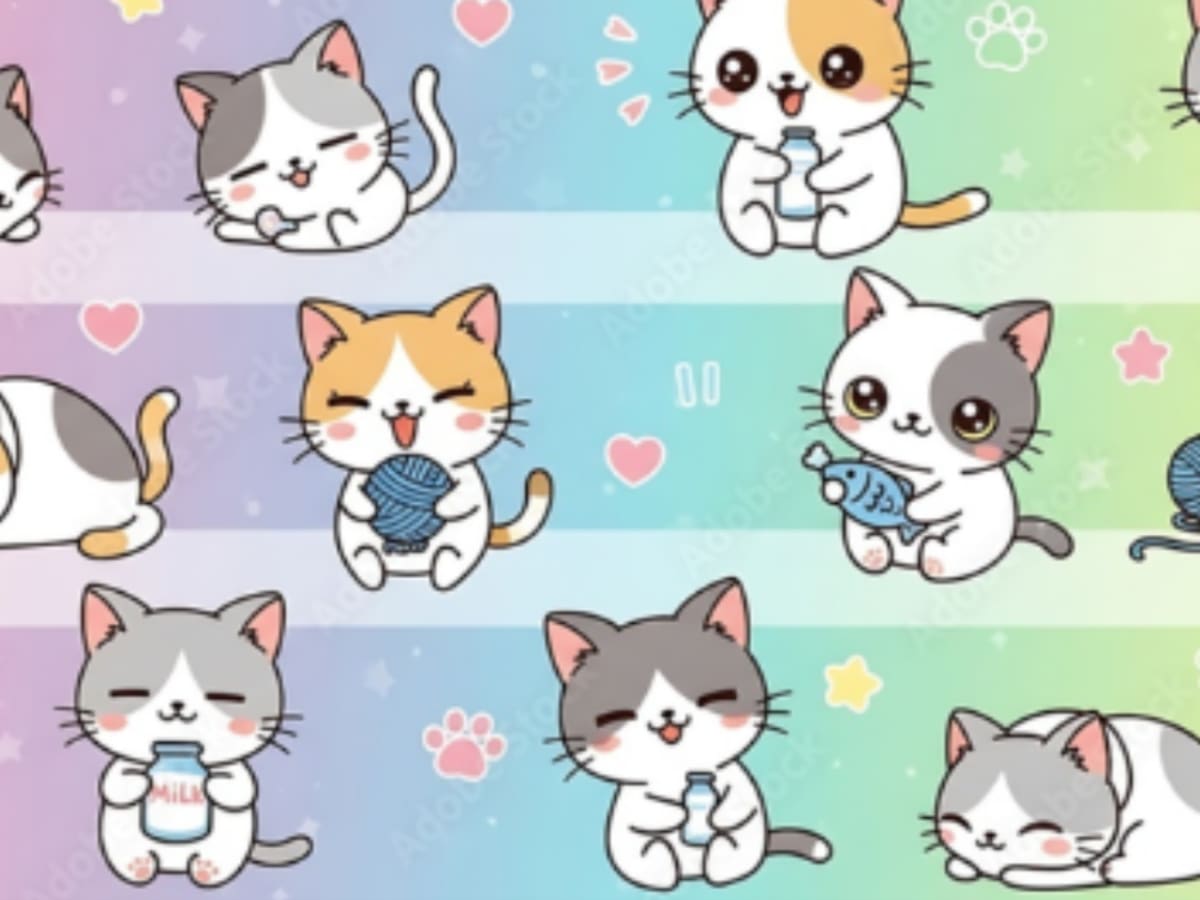 Illustration colorée présentant plusieurs petits chats de style manga dans différentes positions, jouant avec une pelote de laine, un poisson ou un biberon de lait. Les chats sont disposés sur un fond aux couleurs pastel décoré de cœurs, d’étoiles et d’empreintes de pattes.