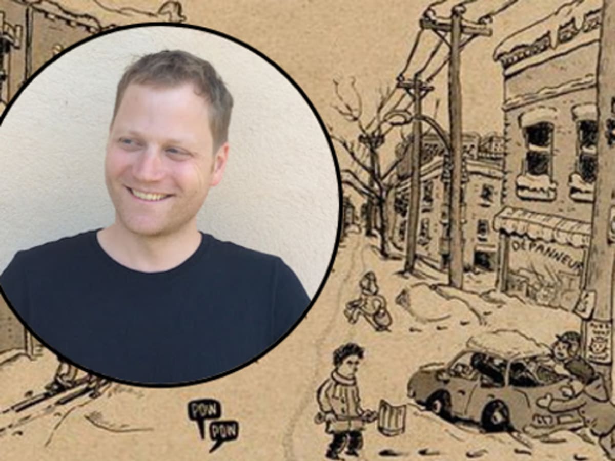 La couverture de la bande dessinée Mile End, représentant une scène de déneigement du quartier en hiver, avec le portrait de l’auteur, Michel Hellman, superposé à la couverture.