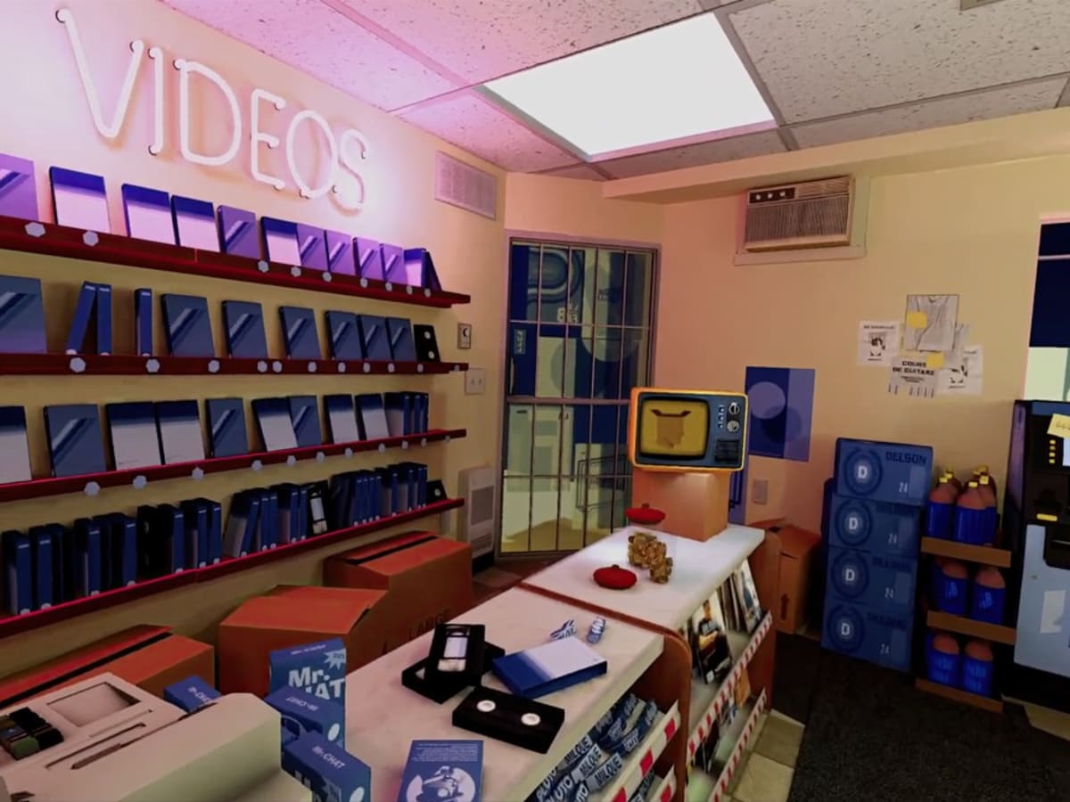 Environnement 3D représentant une pièce, un club vidéo peut-être, avec un comptoir, des objets, des casettes vidéos, une machine de style ATM, une télé etc.