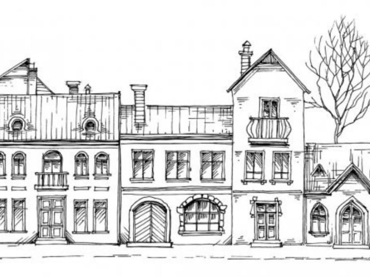 Image vue de face illustrant une rangée de maisons.