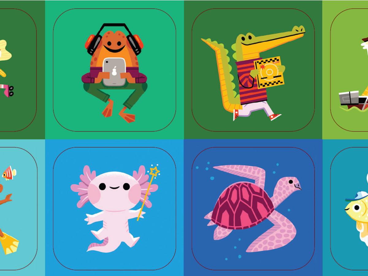 Personnages et animaux stylisés sur des fonds de couleurs variées