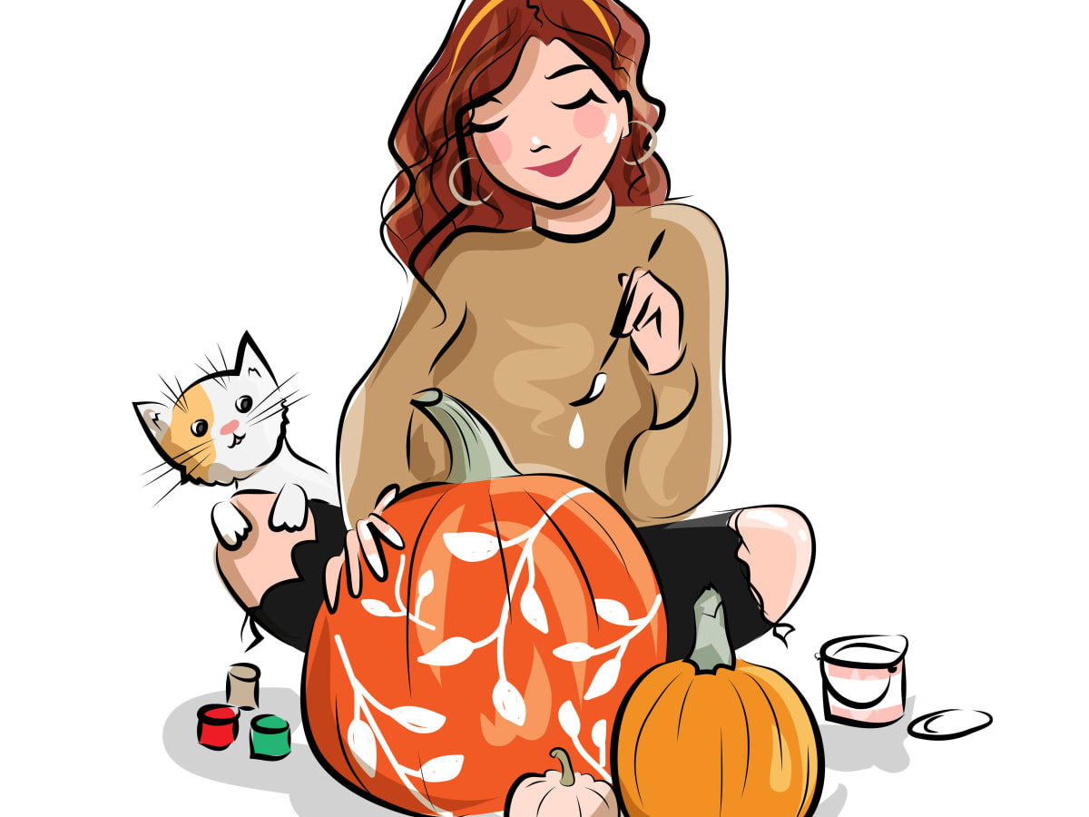 Un dessin d'une femme peinturant sur une citrouille ainsi qu'un chat à sa gauche