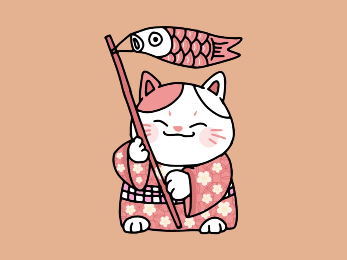 Chat dessiné en style manga sur fond rose
