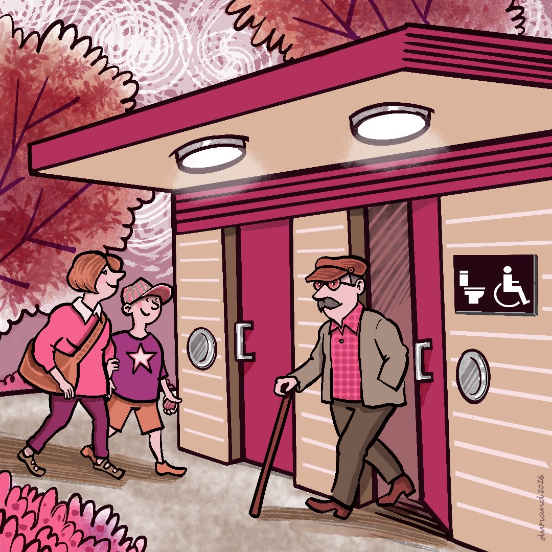 Illustration montrant un homme âgé sortant d'un bloc sanitaire accessible dans un parc