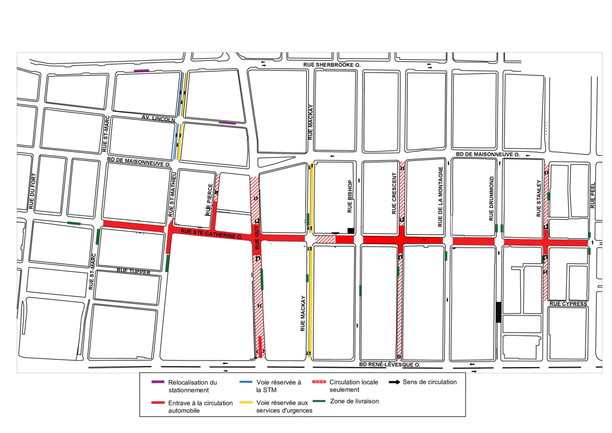Entraves sur Sainte-Catherine Ouest entre Peel et Saint-Marc
