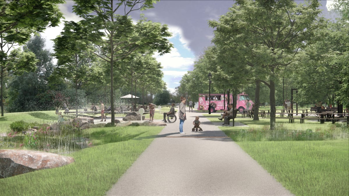 Perspective illustrant les futurs aménagements du parc Pierre-Tétreault : bancs, pergola, terrain de pétanque, espace pour camion de nourriture de rue