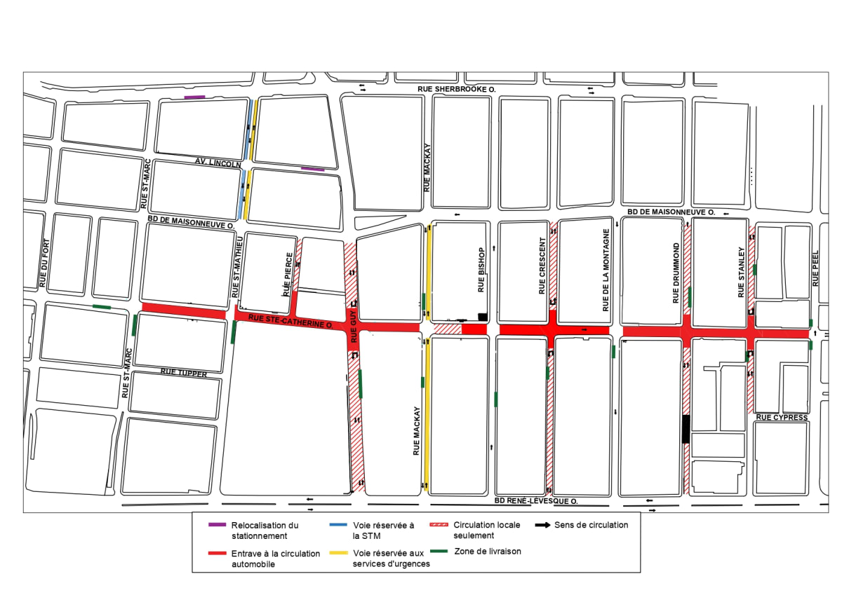 Carte des entraves sur la rue Sainte-Catherine Ouest entre les rues Peel et Saint-Marc