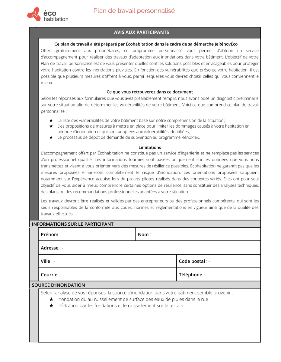 Exemple d'un plan personnalisé du programme JeRénovÉco (page1)