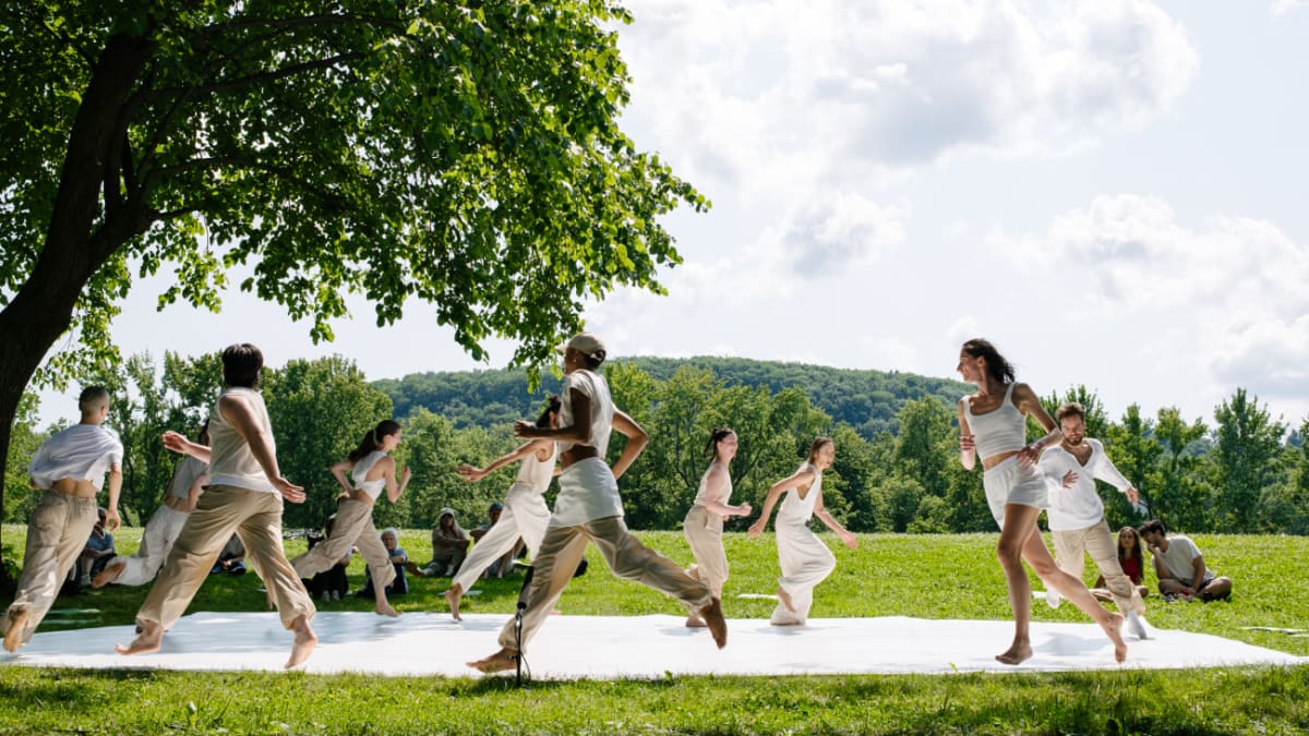 Spectacle de danse en plein air sur la pelouse.