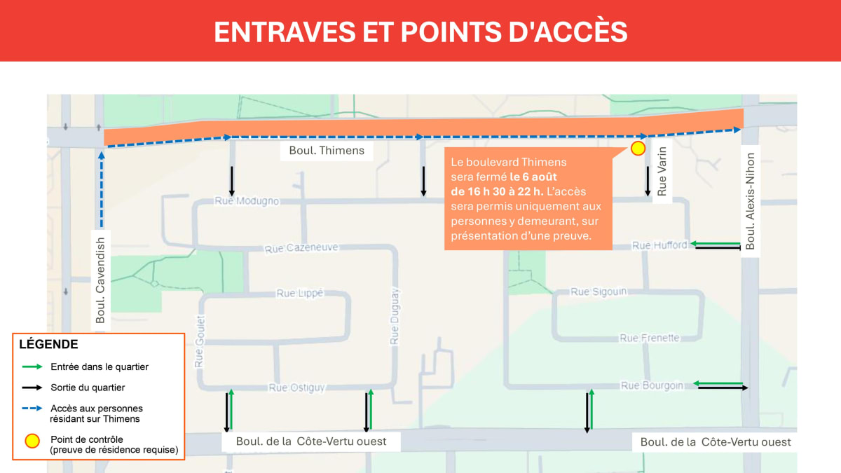 Carte des entraves et des points d'accès au parc Marcel-Laurin pour le concert de l'OSM à Saint-Laurent le 6 août 2026.