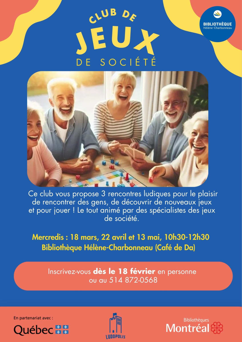 Inscrivez vous gratuit club de jeux de société adultes bibliothèque hélène-charbonneau