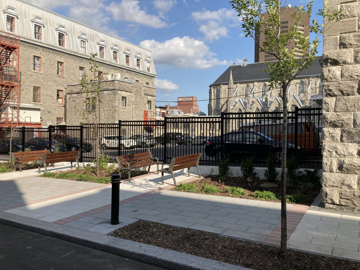 Espace public de la placette Sainte-Rose comprenant des bancs, de jeunes arbres et des plantations.