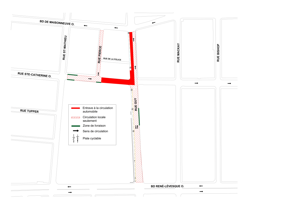 Carte des entraves pour les rues Rues Pierce et Guy