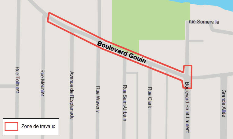 Carte du secteur avec une délimitation, en rouge, des entraves sur la rue Gouin, entre les rues Meunier et le boulevard Saint-Laurent