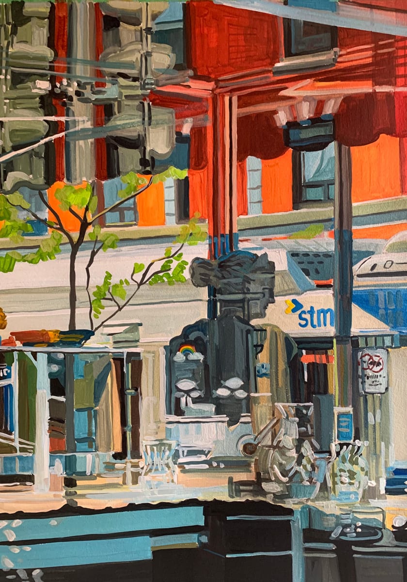 Une personne se trouve entre l'intérieur d'une boutique et l'extérieur avec le logo de la Société de transport de Montréal