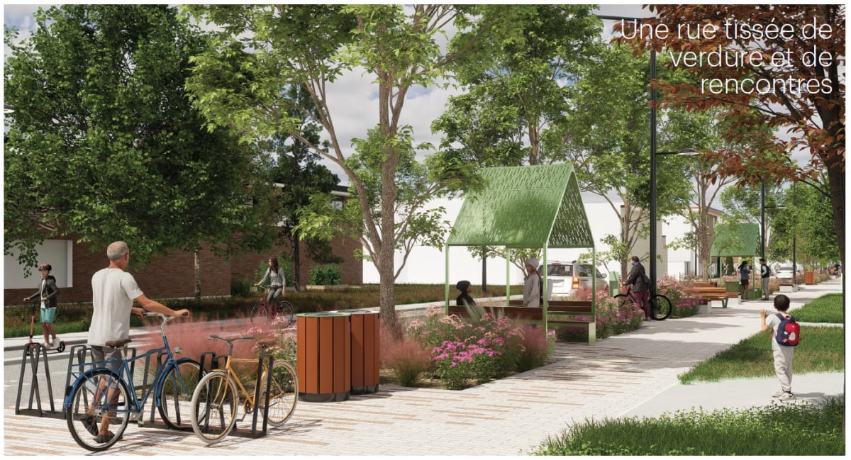 Visuel 3D montrant une allée piétonne très arborée le long de la rue De Louvain Est, en bordure d'une piste cyclable et de la chaussée pour la circulation automobile