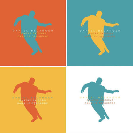 Silhouette en mouvement sur fond coloré décliné en quatre variations.