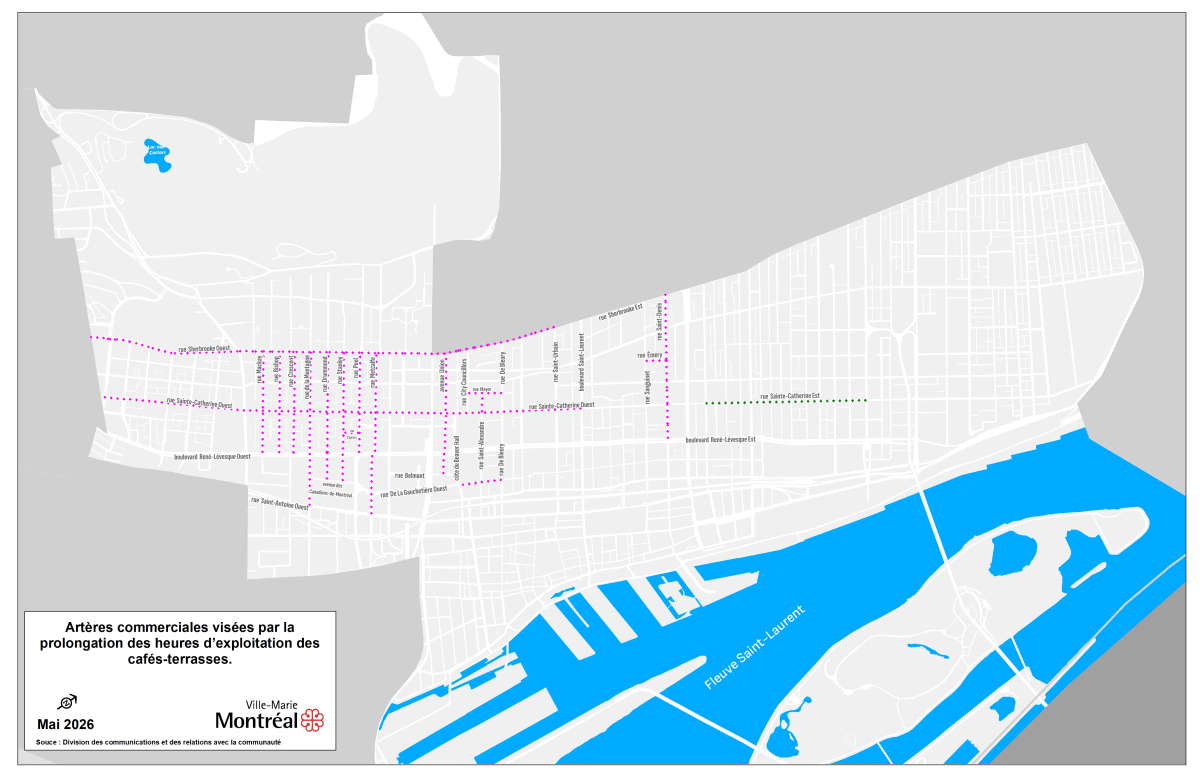 Carte des artères commerciales visées par la prolongation des heures d'exploitation des cafés-terrasses
