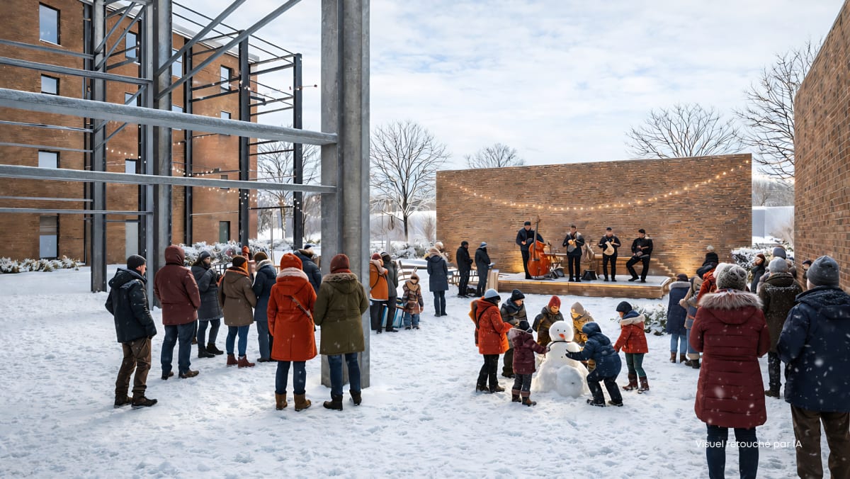 Rendu visuel du projet transitoire de l'Empress une journée d'hiver