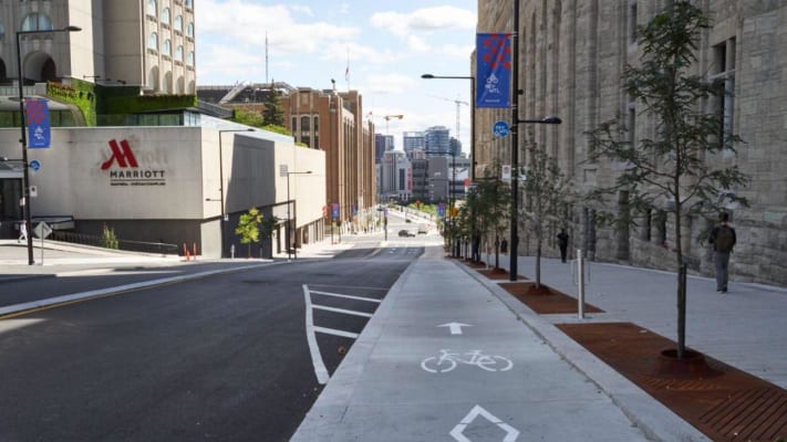 La piste cyclable à mi-niveau sur la rue Peel, avec la chaussée à sa gauche et des fosses de plantations et le trottoir à sa droite.