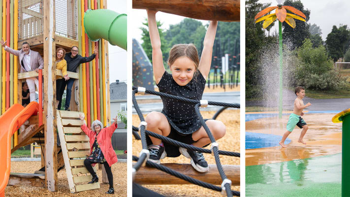 Montage photos du parc de Deauville où l'on voit le maire et les élus, ainsi que deux enfants qui jouent dans le parc.