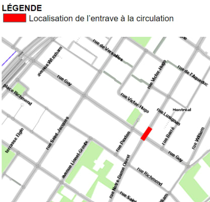 Localisation de l’entrave à la circulation sur la rue Notre-Dame à l'intersection de la rue Guy