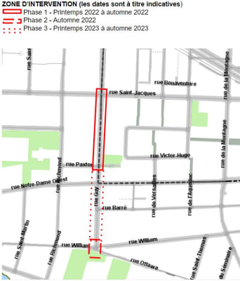 Zone d'intervention des travaux de la rue Guy, entre les rues William et Saint-Jacques