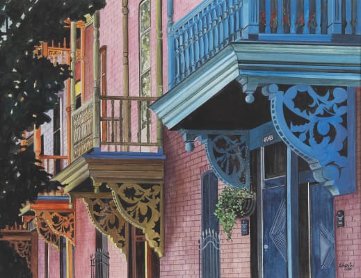 Peinture représentant les balcons typiques des quartiers résidentiels de Montréal.