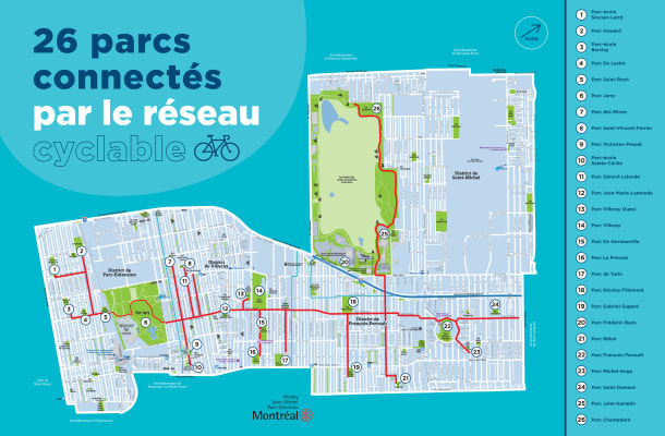 Carte des 26 parcs seront accessibles à vélo dans l'arrondissement