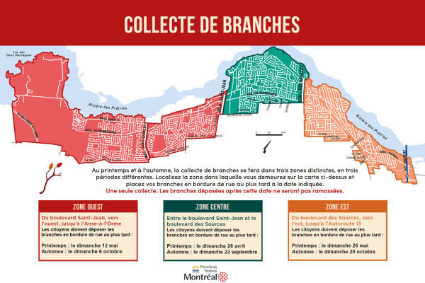 Carte des zones de la collecte de branches 2024 dans Pierrefonds-Roxboro.
