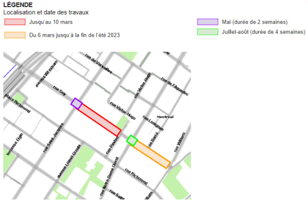 Carte de localisation des travaux de la rue Guy, entre William et Saint-Jacques