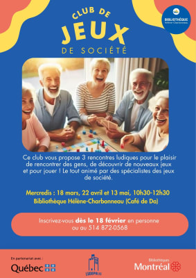 Inscrivez vous gratuit club de jeux de société adultes bibliothèque hélène-charbonneau