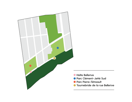 Carte du secteur du Pôle récréatif Bellerive identifiant les quatre sites sur lesquels porte la consultation publique