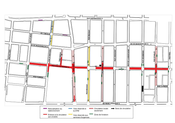 Carte montrant les entraves sur la rue Sainte-Catherine entre les rues Saint-Marix et Peel, à partir du 26 mai