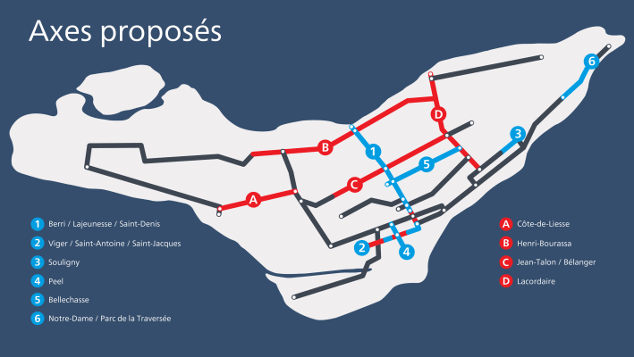 En bleu, le REV existant. En rouge, les axes à réaliser ou à compléter d’ici 2027. En noir, les axes projetés.