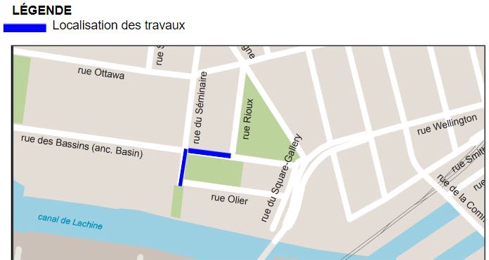 Localisation des travaux sur les rues du Séminaire et des Bassins