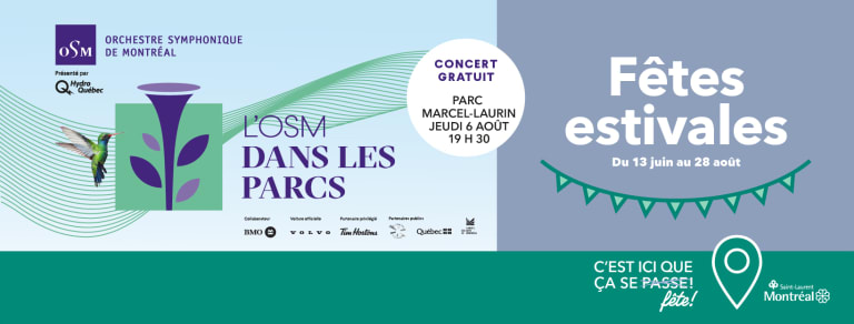 Affiche colorée annonçant « L’OSM dans les parcs », un concert gratuit au parc Marcel-Laurin le 6 août à 19 h 30, dans le cadre des Fêtes estivales de Saint-Laurent.