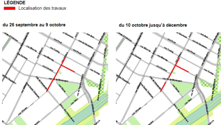 Localisation des travaux dans la rue Ottawa, entre les rues Young et du Séminaire