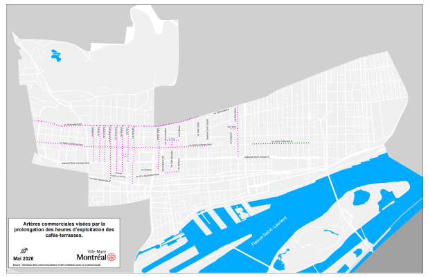 Carte des artères commerciales visées par la prolongation des heures d'exploitation des cafés-terrasses