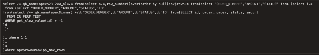 Oracle APEX Debug Nivel 9 mostrando la consulta final