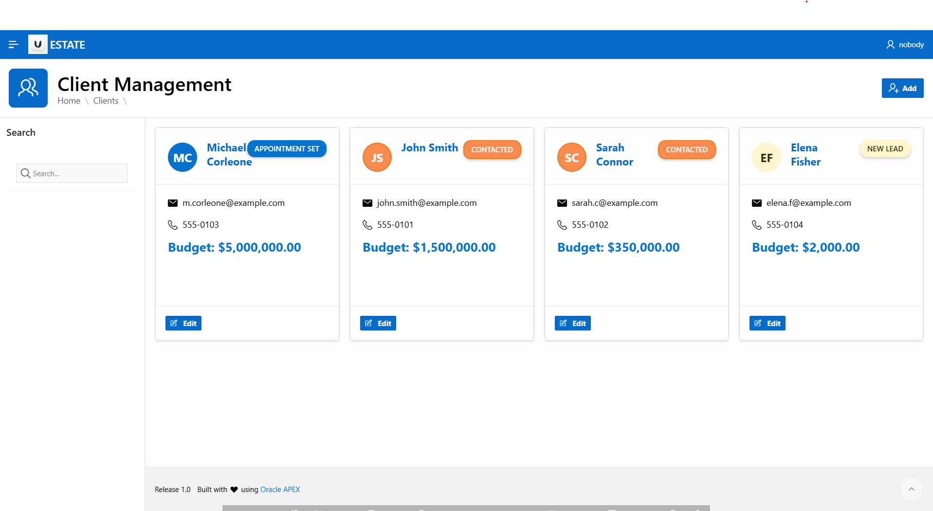 High-density client cards in Oracle APEX showing status badges, roles, and
contact info
