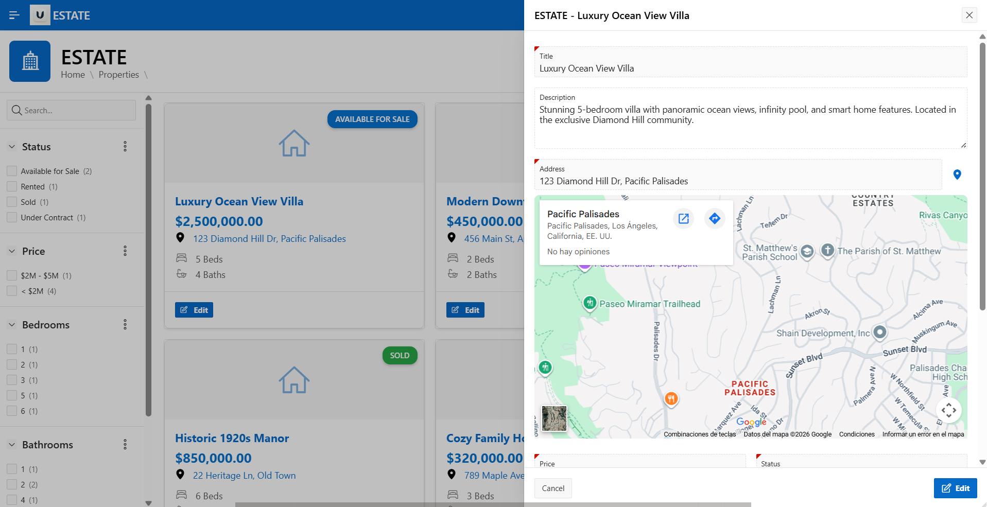 Estate CRM con el drawer Master-Detail abierto a la derecha mientras la
lista de tarjetas permanece visible a la
izquierda