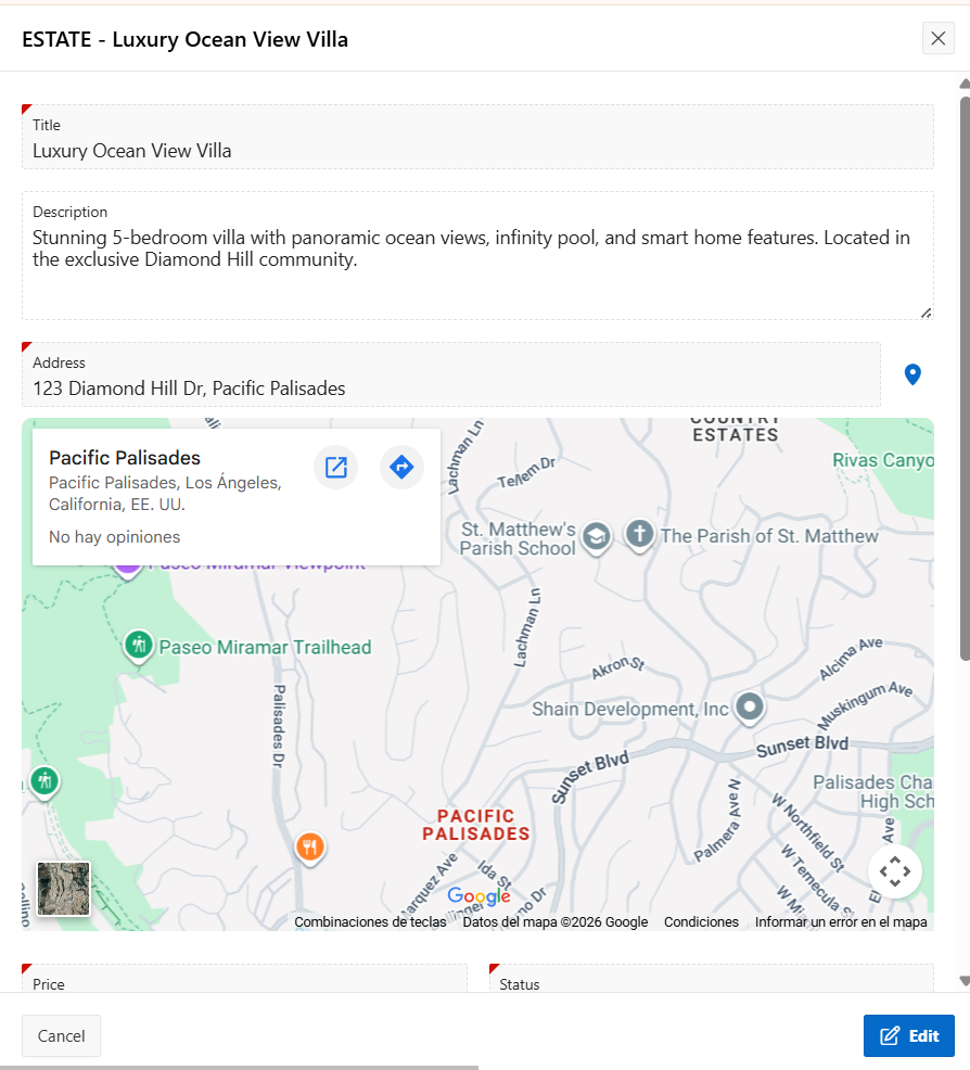 Google Maps embedded inline inside the Oracle APEX property detail drawer
