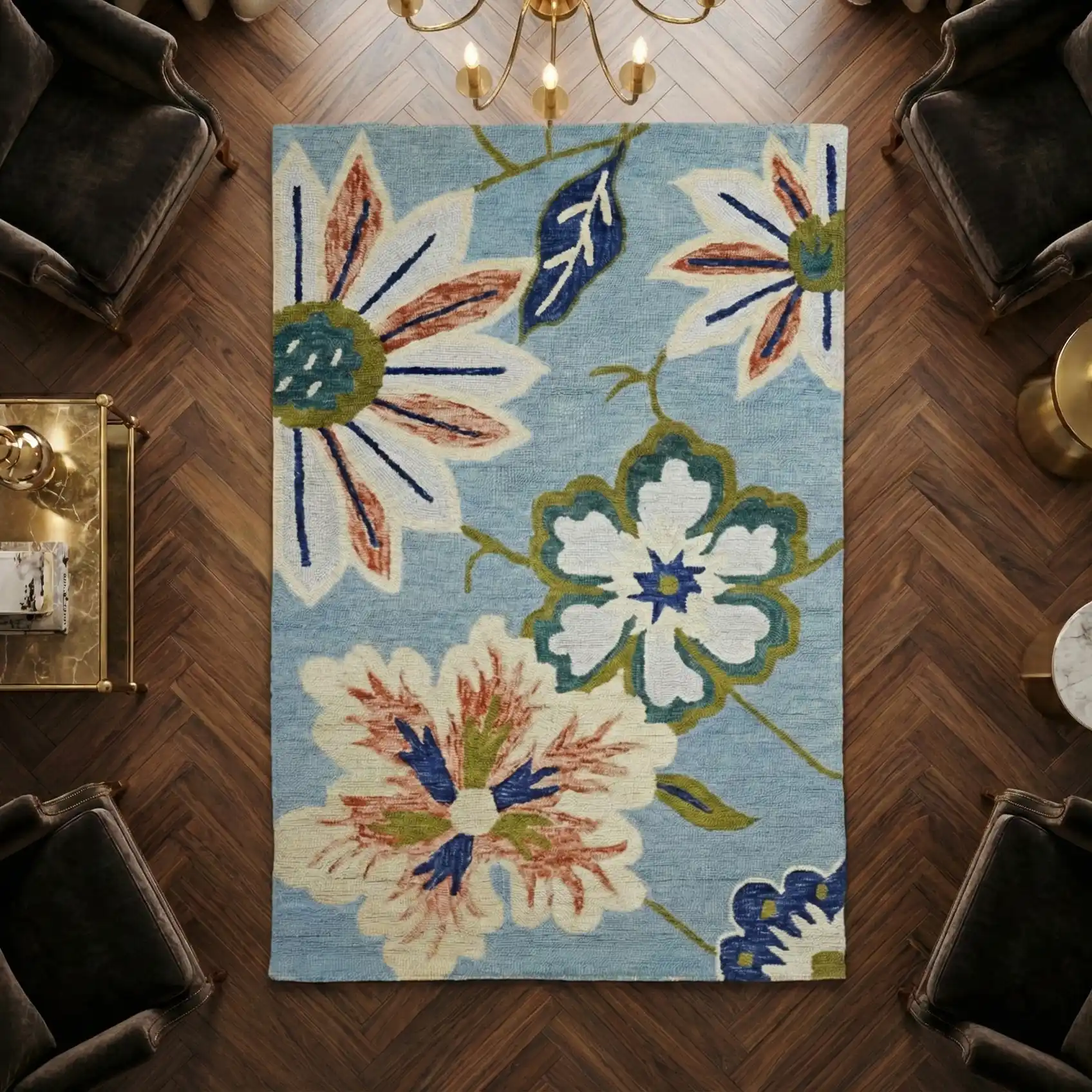 Soft Blue Floral woolen carpet