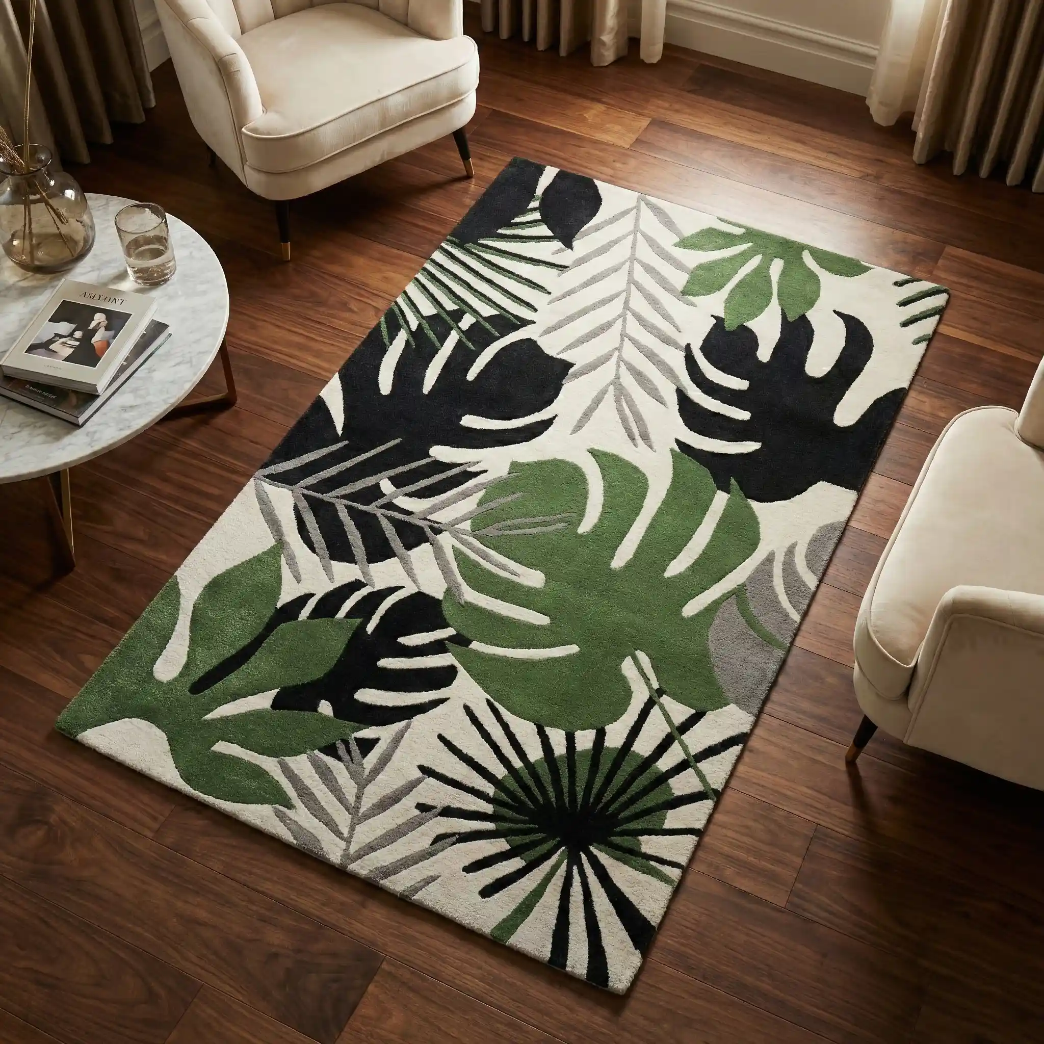 Lush Tropical Botanical woolen carpet featuring green and black leaf pattern for modern living room decor